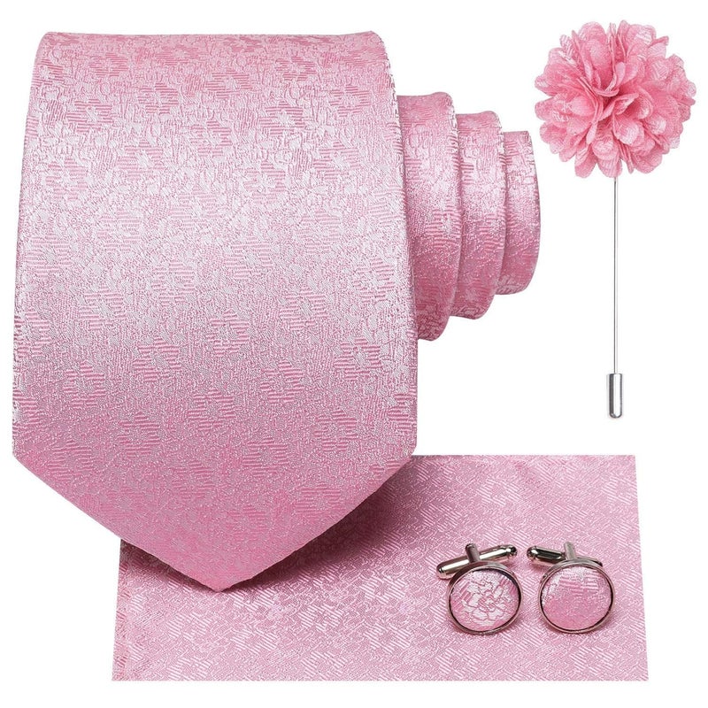 Dubulle Mens Pink Tie and Lapel Pin Paisley Striped Floral Necktie for Men Pocket Square Cufflinks Wedding Party - Image 4